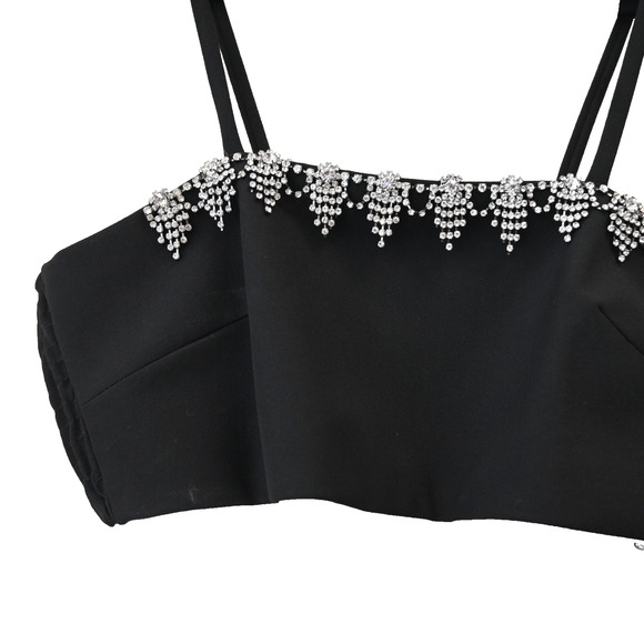 Sandro Bra Crop Top Size 0 Black Embellished Rhinestone Smocked Sleeveless - Picture 2 of 12